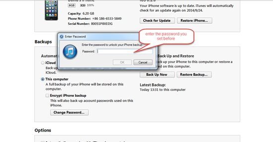 itunes asking for password to unlock iphone backup