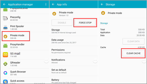 Force Stop Private Mode App and Clear Cache