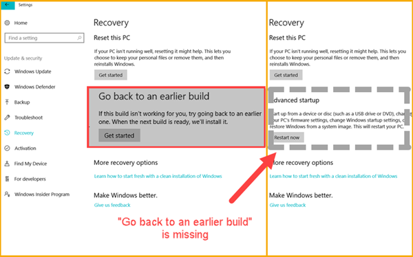 Windows 10 Go Back to An Earlier Build Missing after 10 Days