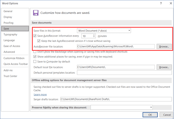 Recover unsaved Word document with AutoRecover option