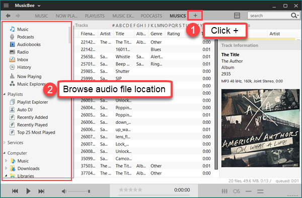 Click + icon to browse audio files