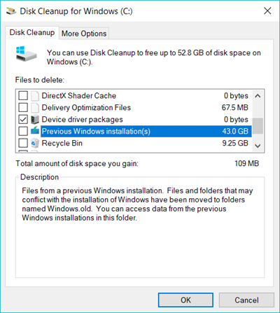 clean up system files to Clean up Windows 10 Space