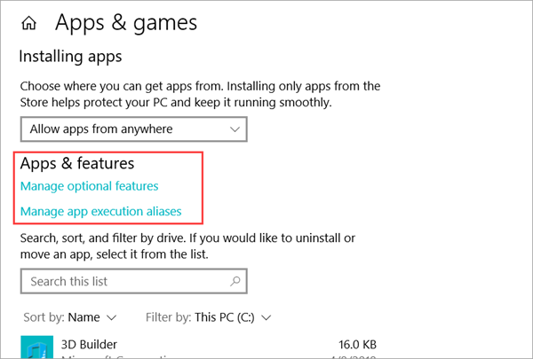 Uninstall apps, games and optional features