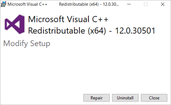 Repair Installed Visual C++ 2015 Redistributable Package.