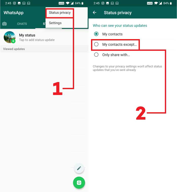 Steps to hide WhatsApp status from selected contacts