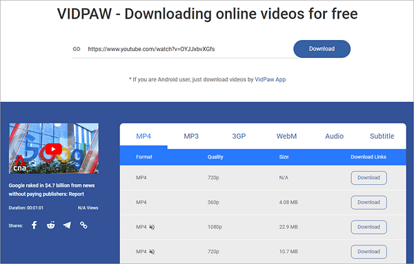 Vidpaw is one of the top free online YouTube downloaders.