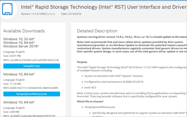 Update Intel RST Driver.