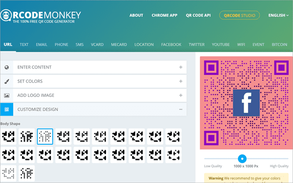 QRCode Monkey is a combination of ForQRCode and QRzebra.