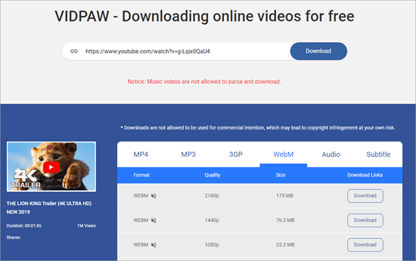 VidPaw is another online video downloader that supports 4K video download.