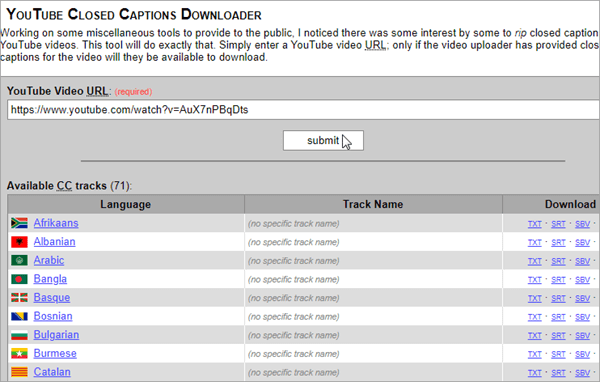 Using YouTube CC Downloader to extract Subtitles/CC from videos.