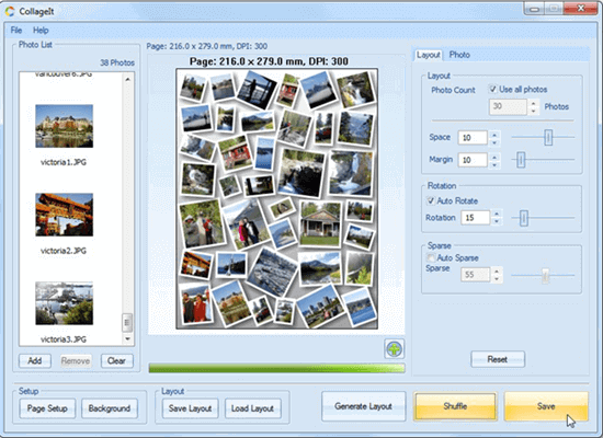 CollageIt offers fifteen different templates for collages to choose from.