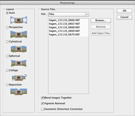 Set preferences in Photomerge window and combine layers In Photoshop