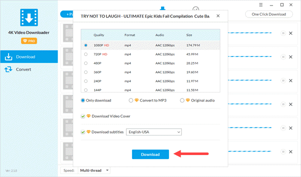 You can select the overall quality, format, audio.