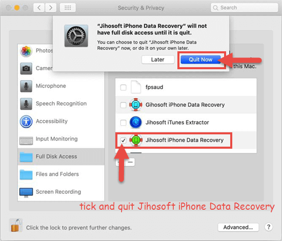 how to enable full disk access in macOS 10.15 for Jihosoft iPhone Data Recovery