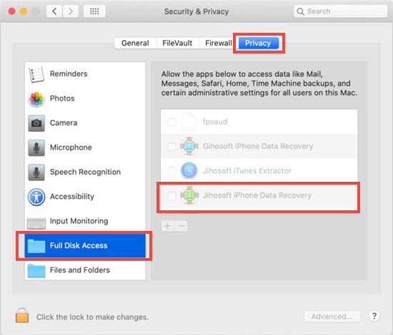 how to enable full disk access in macOS 10.15 for Jihosoft iPhone Data Recovery