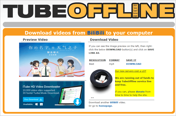 TubeOffline is another online video downloader that you can use for downloading bilibili videos.