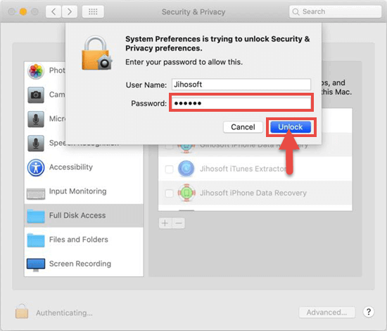 how to enable full disk access in macOS 10.15 for Jihosoft iPhone Data Recovery