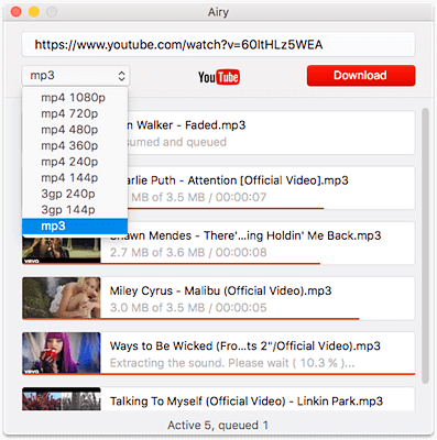The Airy YouTube Downloader is able to download YouTube videos in different formats like MP4, 3GP, and FLV.
