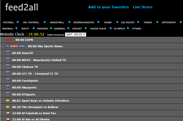 Feed2All bietet eine Fülle von Live-Video-Feeds zu verschiedenen Fußballspielen aus der ganzen Welt.