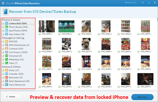 Steps to recover data from a locked iPhone via Jihosoft iPhone Data Recovery.