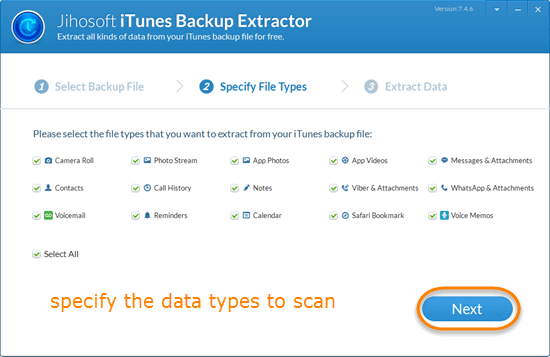 Mark the file types to be extracted from the selected iTunes backup file.