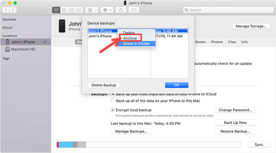 Archive iOS Backup via iTunes or Finder on Mac