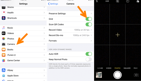 To turn on the camera grid, go to Settings on your iPhone, down to the Camera icon, and turn the Grid on.