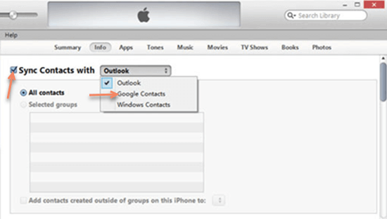 Backup iPhone Contacts to Gmail using iTunes