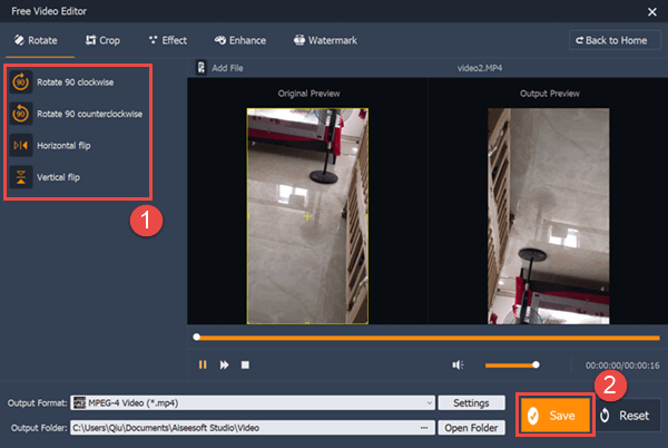 Aiseesoft not only allows you to change the orientation of a video, but also crop video, cut/ join video, add effects, add/ remove watermark, etc.
