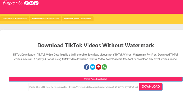 ExpertsPHP is a free online tool to save TikTok video without watermark.