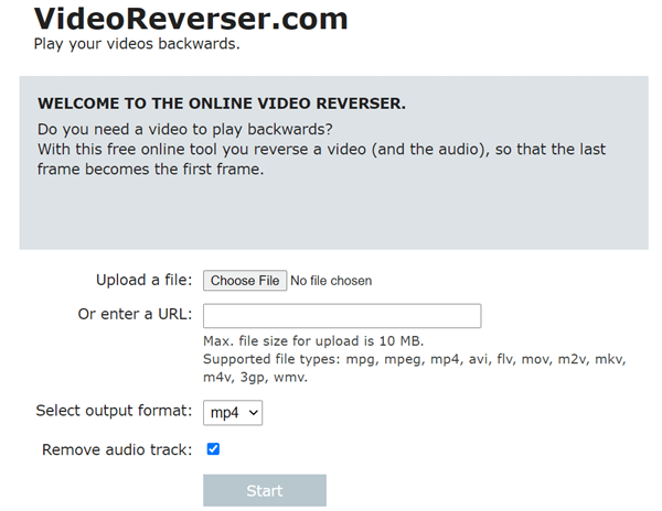 VideoReverser is a free online tool to reverse a video