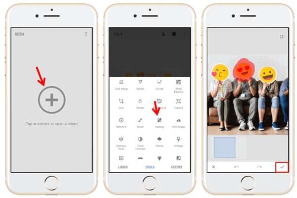 Follow these steps to remove stickers, smileys, and other unwanted things from your images using Snapseed